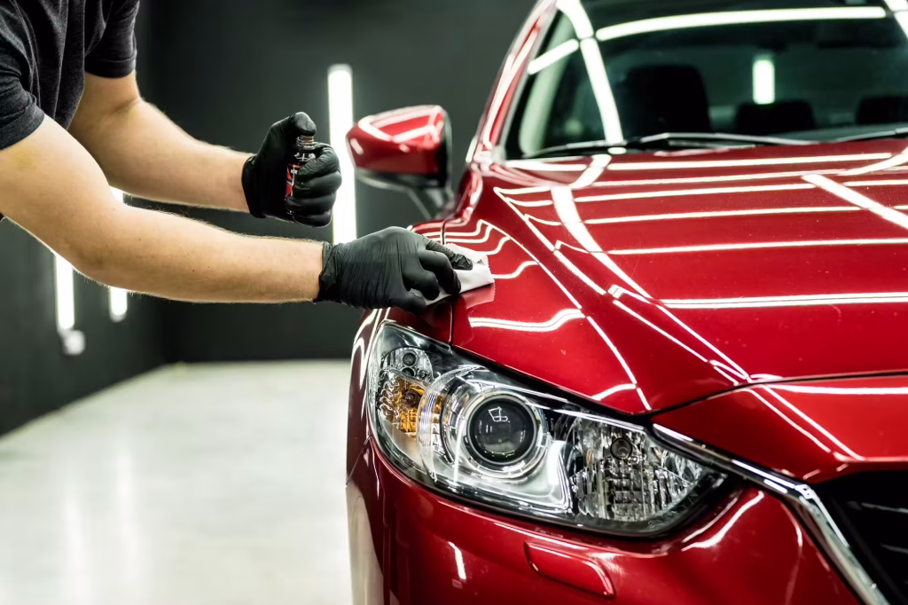 an auto detailer applying ceramic coating to a car